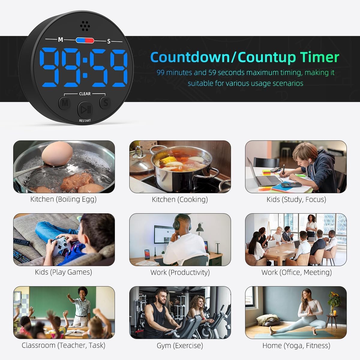 Digital Timer - Digital Kitchen Timer - Smart Timer - LED Display - Magnetic - Addition/Subtraction - Learn to Tell Time - Analog Kitchen Timer - Black — image 5