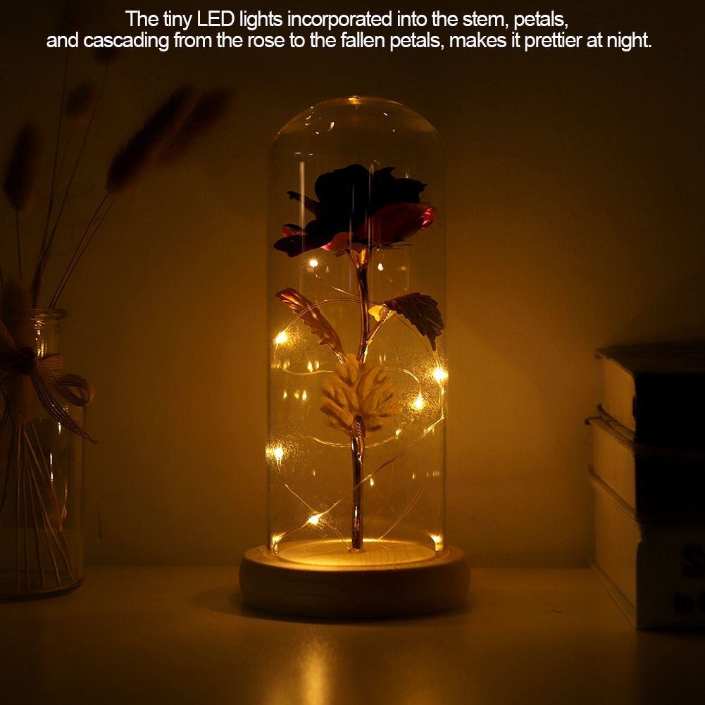 Preserved Rose Flower LED Light with Glass Cover Wooden Base Valentines'Day Wedding Purple โ image 2
