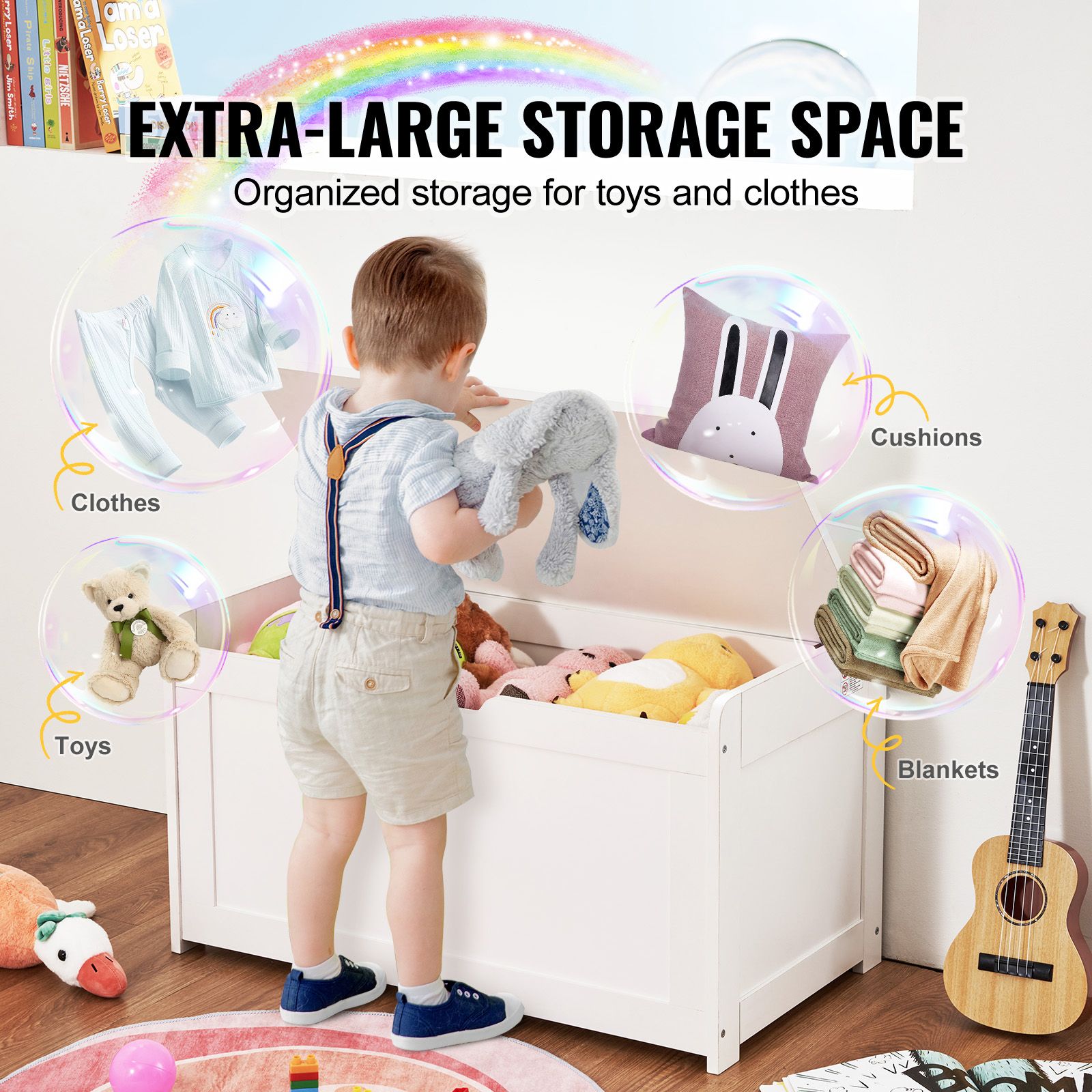 Kids Toy Storage Bench Wooden Toy Box Chest 32.68 x 17.91 x 24.02" White โ image 3