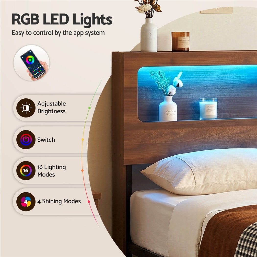 Artiss King Bed Frame Metal with Charging Station LED Light Storage Shelf โ image 6