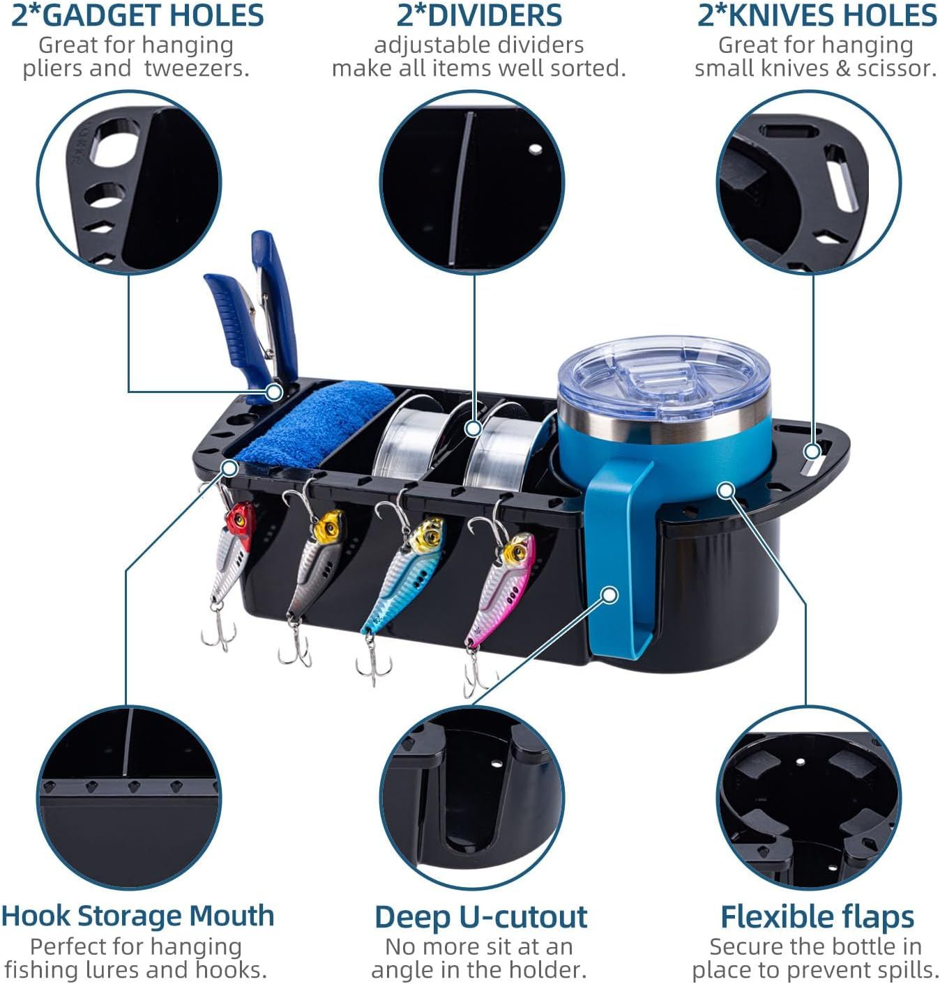 2‑Pack Marine Boat Caddy Storage Rack with Cup Holder, Multi‑Purpose Organiser for Pontoon, Kayak, Bass Boat and Fishing Tools, Black — image 2