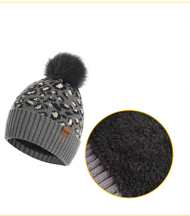 Dark Grey Women's 3-Piece Winter Knit Set - Leopard Print Plush Lined Beanie Hat, Scarf & Touchscreen Gloves — image 6