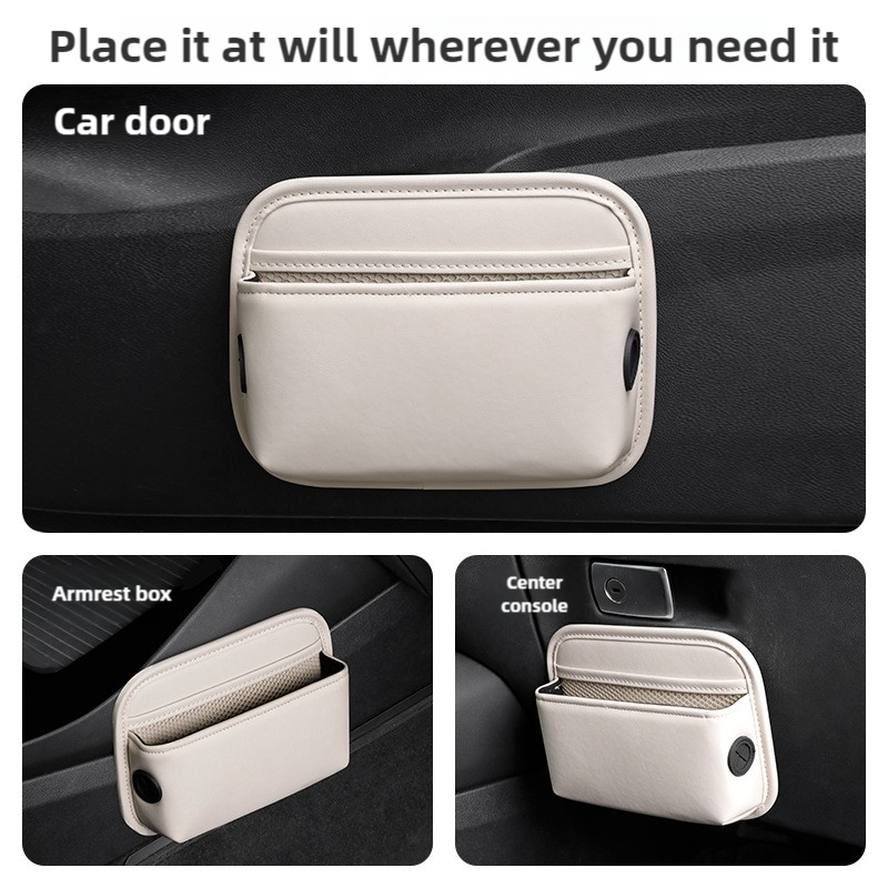 Brown PU Leather Car Storage Organizer with Dual Charging Holes and Inner Mesh Pocket, Multi-functional Door Handle Hanging Bag for Phones and Accessories โ image 3