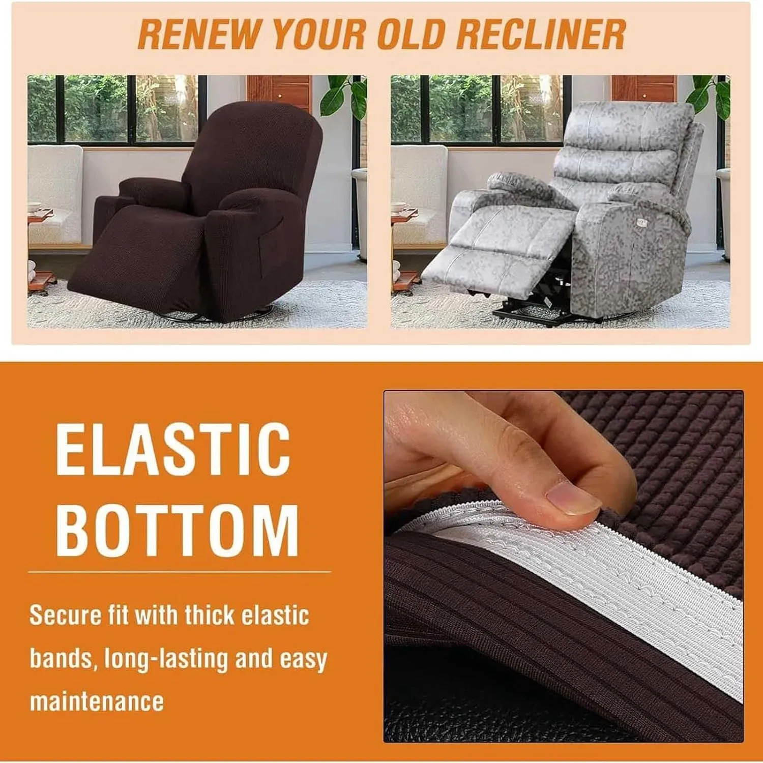 Recliner Slipcover High Stretch Soft Jacquard Fabric with Side Pocket for Standard Power Lift Recliner Brown, Letter A Option โ image 3