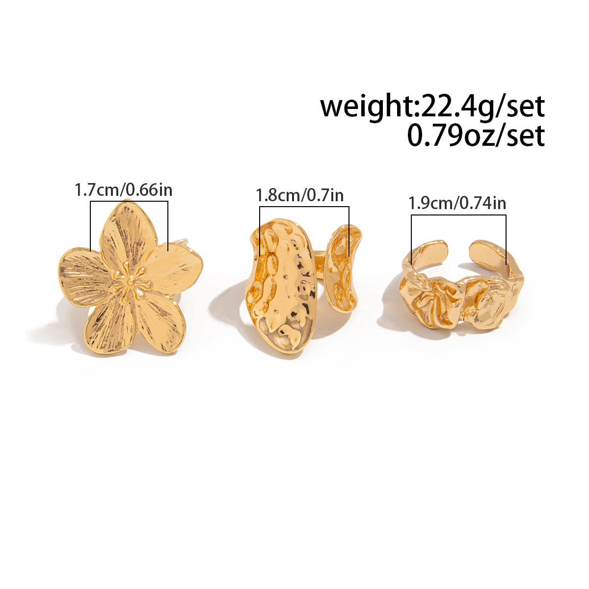 3-Piece Molten Gold Tone Ring Set - Vintage Baroque Flower & Abstract Liquid Metal Design - Adjustable Open Cuff Stackable Jewelry for Women โ image 2