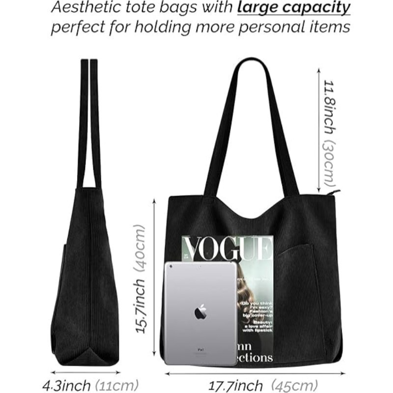 White Stylish Corduroy Canvas Tote Bag - Fashionable and Retro Shoulder Bag — image 2