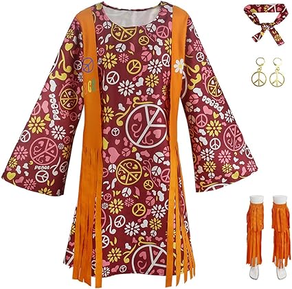 Hippie Disco 70s Costume for Women, Headband, Dress, Ankle Socks, Peace Symbol for Ladies Cosplay Party Orange L Orange L_max Orange L