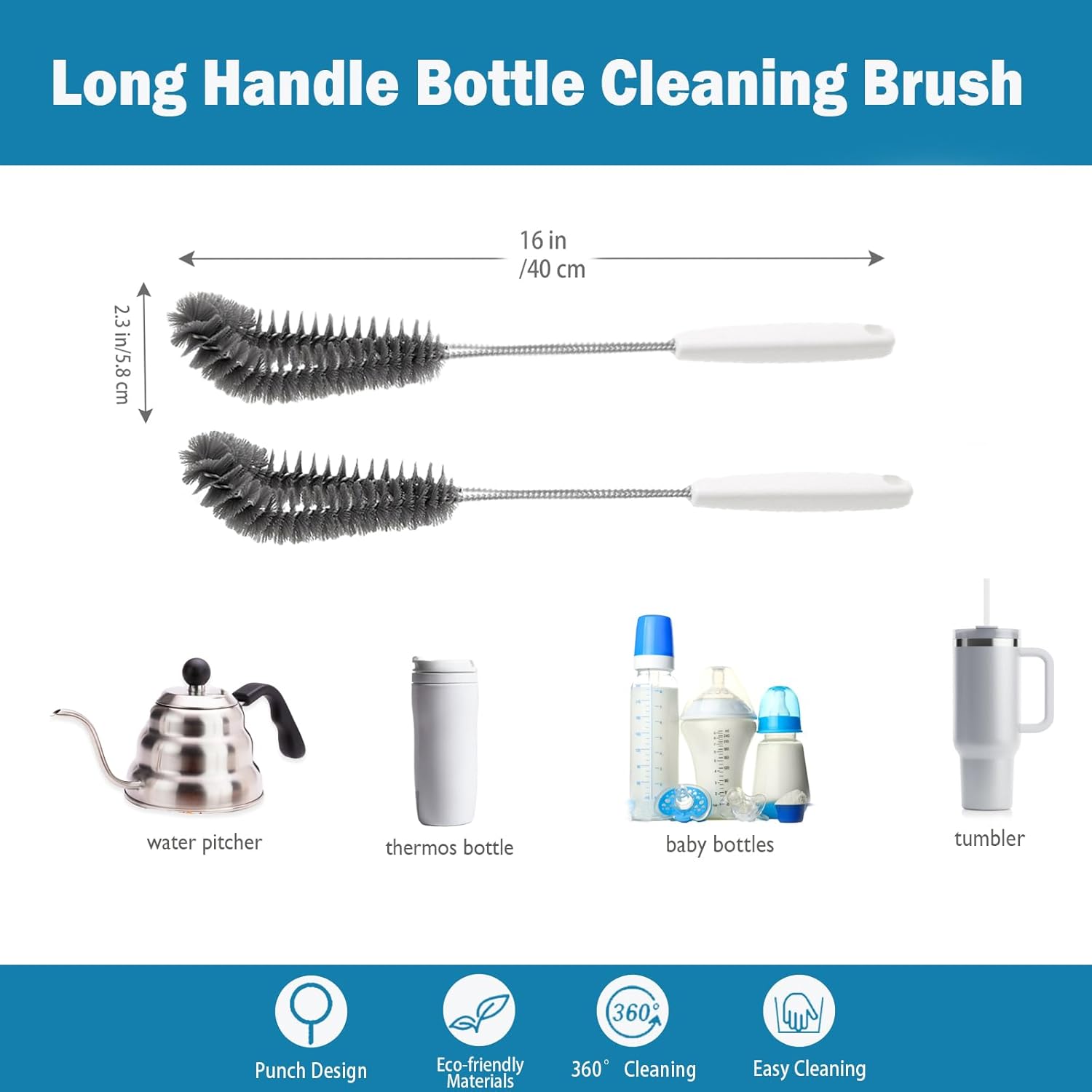 15.7" (40cm) Flexible Long Black Bottle Cleaning Brush for Kitchen and Dining - Perfect for Baby Bottles, Sports Bottles, Glassware, Mugs, Jars, and Stemware — image 2