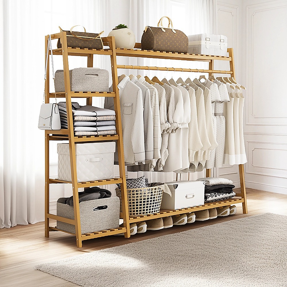 Portable Clothes Rack Coat Garment Stand Bamboo Rail Hanger Airer Closet โ image 2