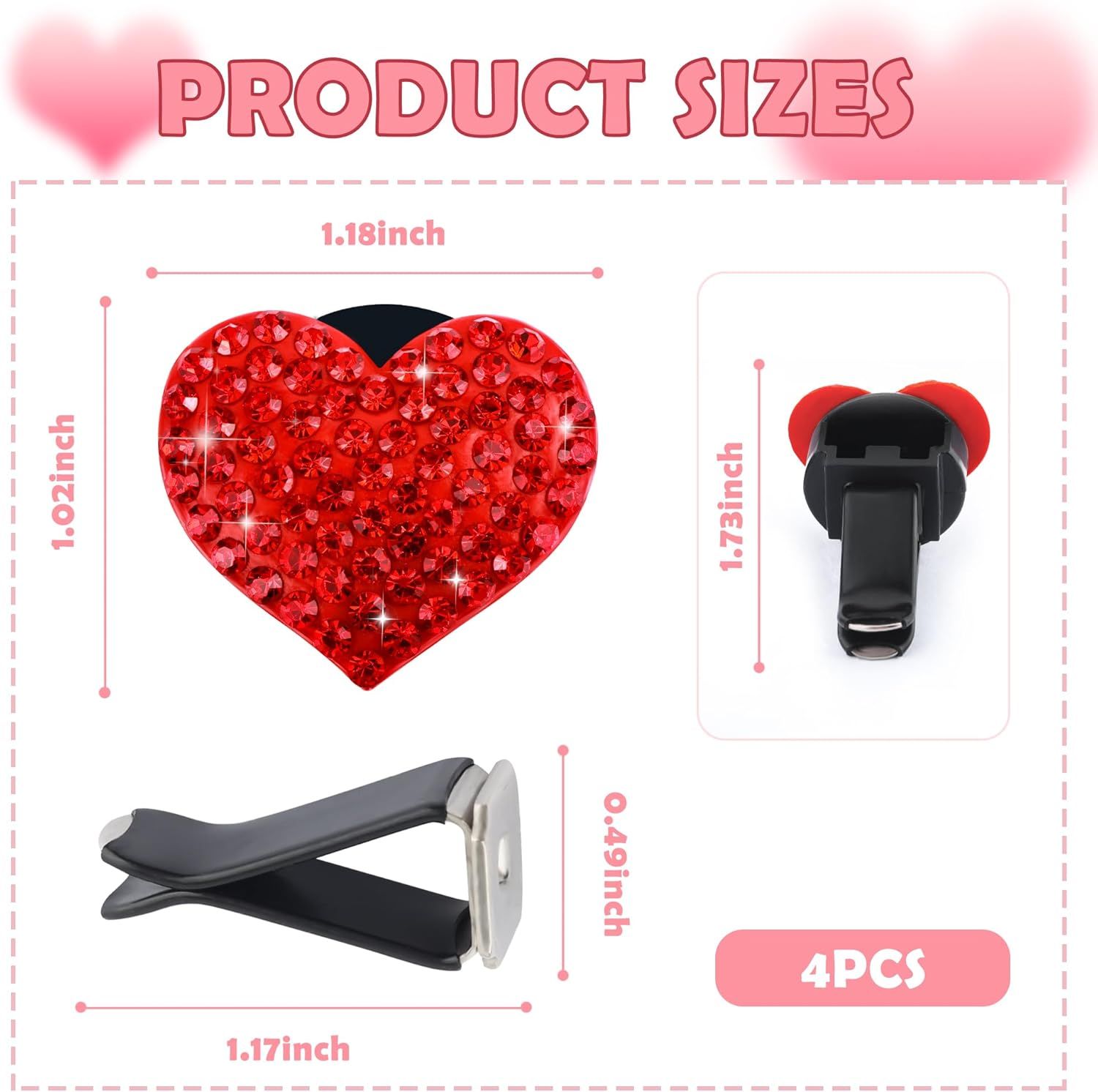 4PCS Heart-Shaped Car Vent Clips with Rhinestone,Bling Air Vent Clips Car Decorations,Premium Shiny Car Clips for Vents Accessories Interior (Red) — image 2