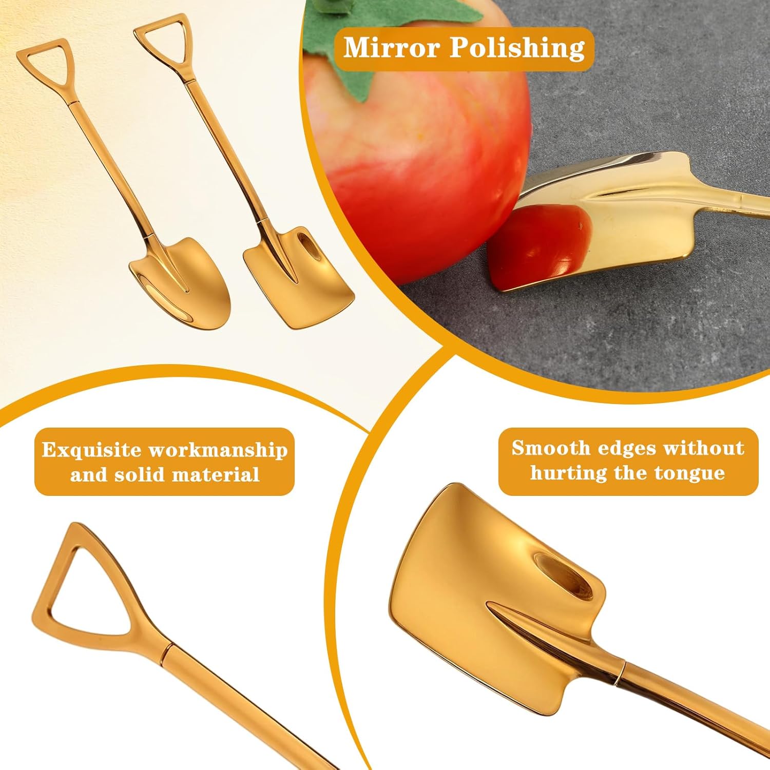 2PCS Mini Gold Shovel Spoons, Stainless Steel Shovel Spoons Square Head Pointed Reusable Spoon Set for Coffee Dessert Ice Cream Tea Appetizers New Home Couples β image 2