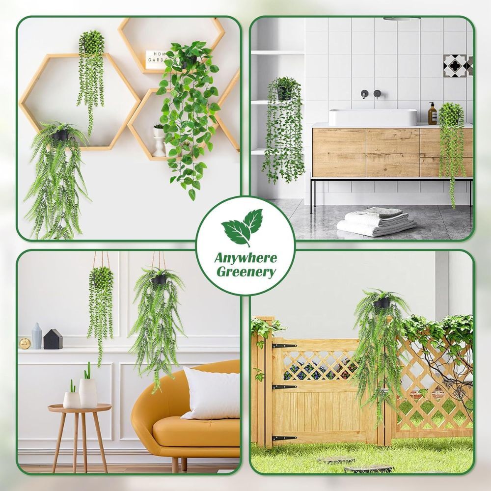 Set of 4 Artificial Hanging Trailing Plants, Fake Eucalyptus, String of Pearls, Boston Fern & Heart Leaf Pothos Vines, Low Maintenance Faux Potted Greenery for โ image 2