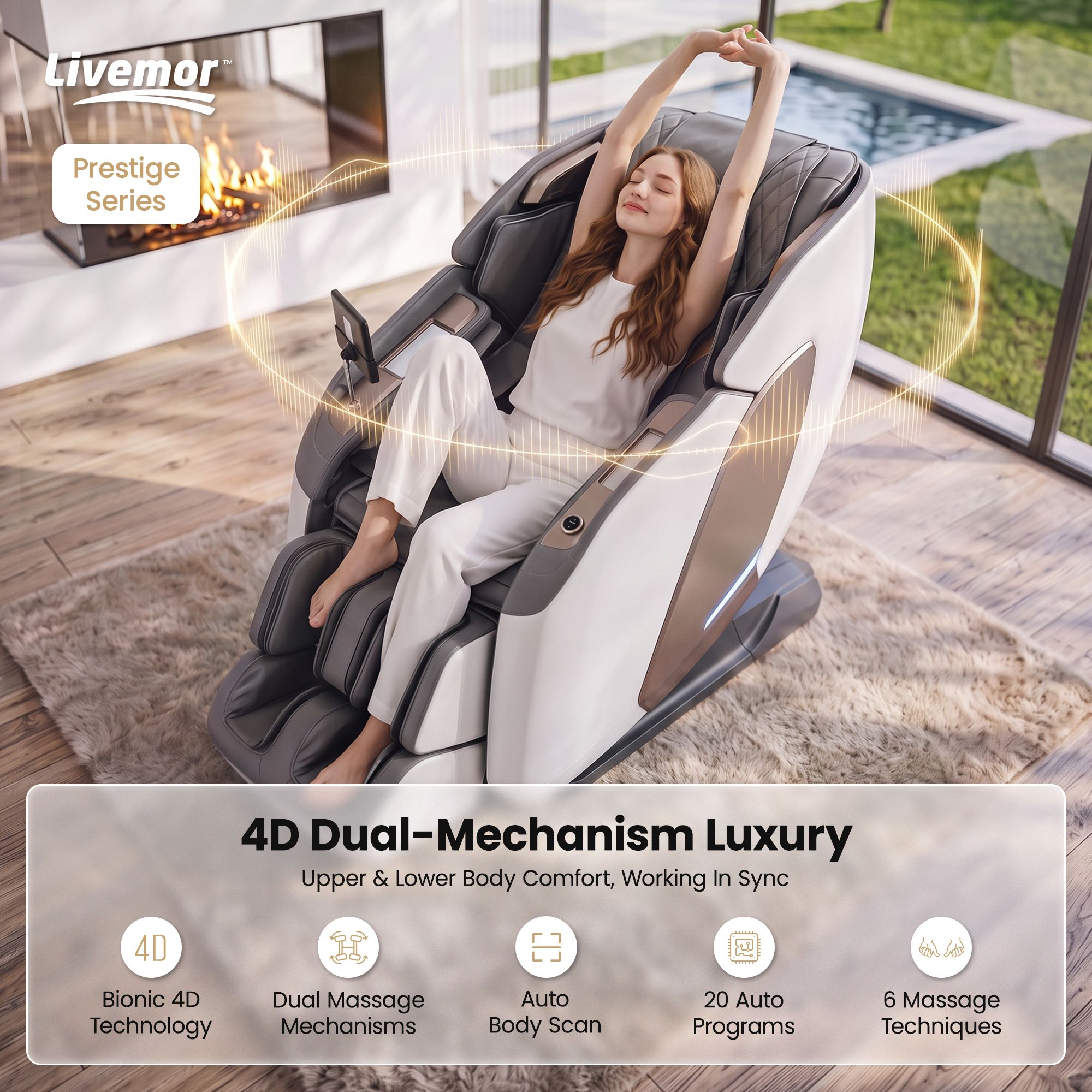 Livemor Prestige 4D Dual Mechanism Massage Chair, Full Body Zero Gravity Recliner with Extended SL Track, Body Scan, Air Compression, Waist Heating, Foot โ image 4