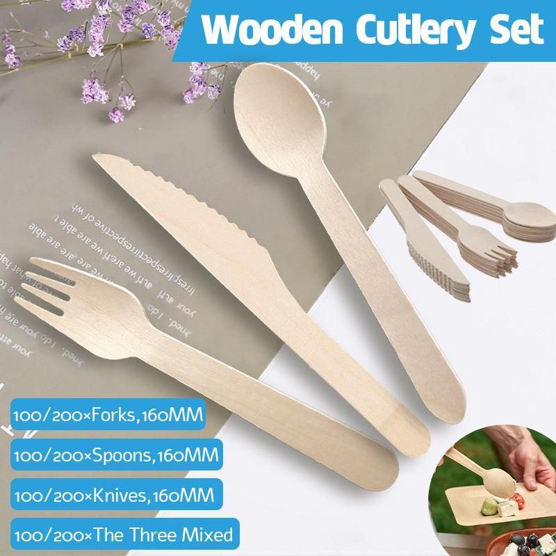 Wooden Cutlery Set Disposable Bamboo Wood Bulk Buy Forks Spoons Knives Party Eco โ image 2
