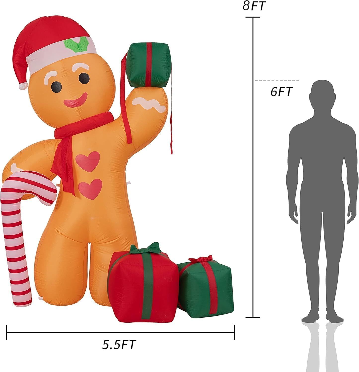 8FT/2.4m Lighted Inflatable Gingerbread Man Christmas Decoration with Candy Cane & Gift Boxes, Outdoor Indoor Holiday Yard Lawn Display with Built-in LED — image 2
