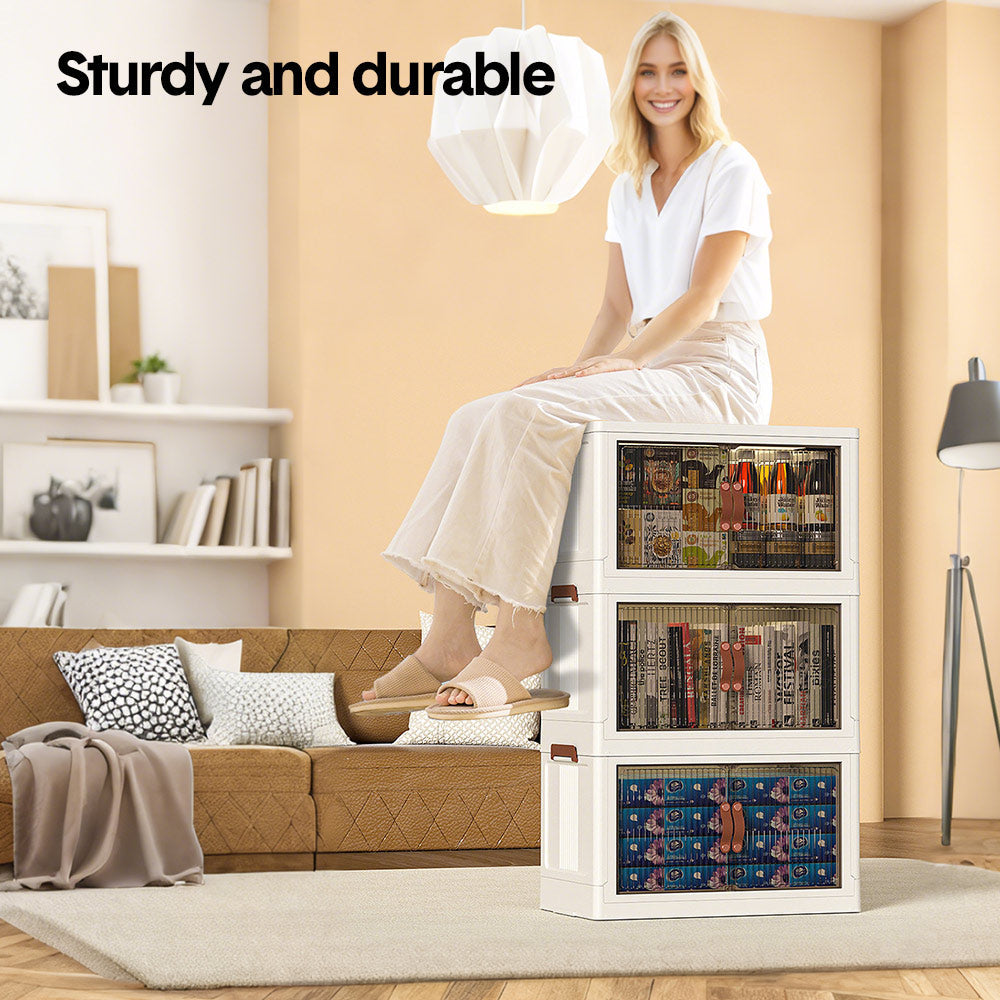 Foldable Storage Cabinet Stackable Bins Household Plastic Closet Multi-purpose Organizer Doors and Top Lid 2 Way Opening with 360 Degree Rotatable Wheels — image 4