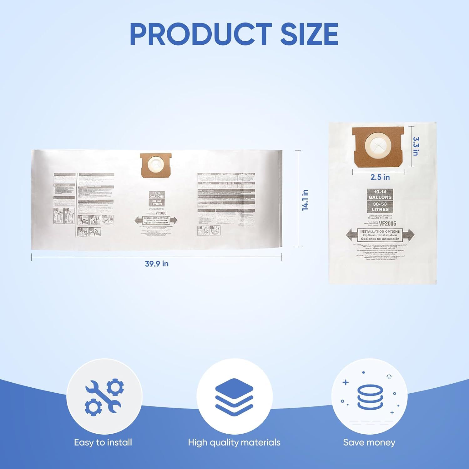12 Pack V2005 Vacuum Bags Compatible with Shop Vac Bags 10-14 Gallon, Type 90662 9066200; Type I 90672 9067200,High Eiciency Disposable ine Dust Collection — image 2