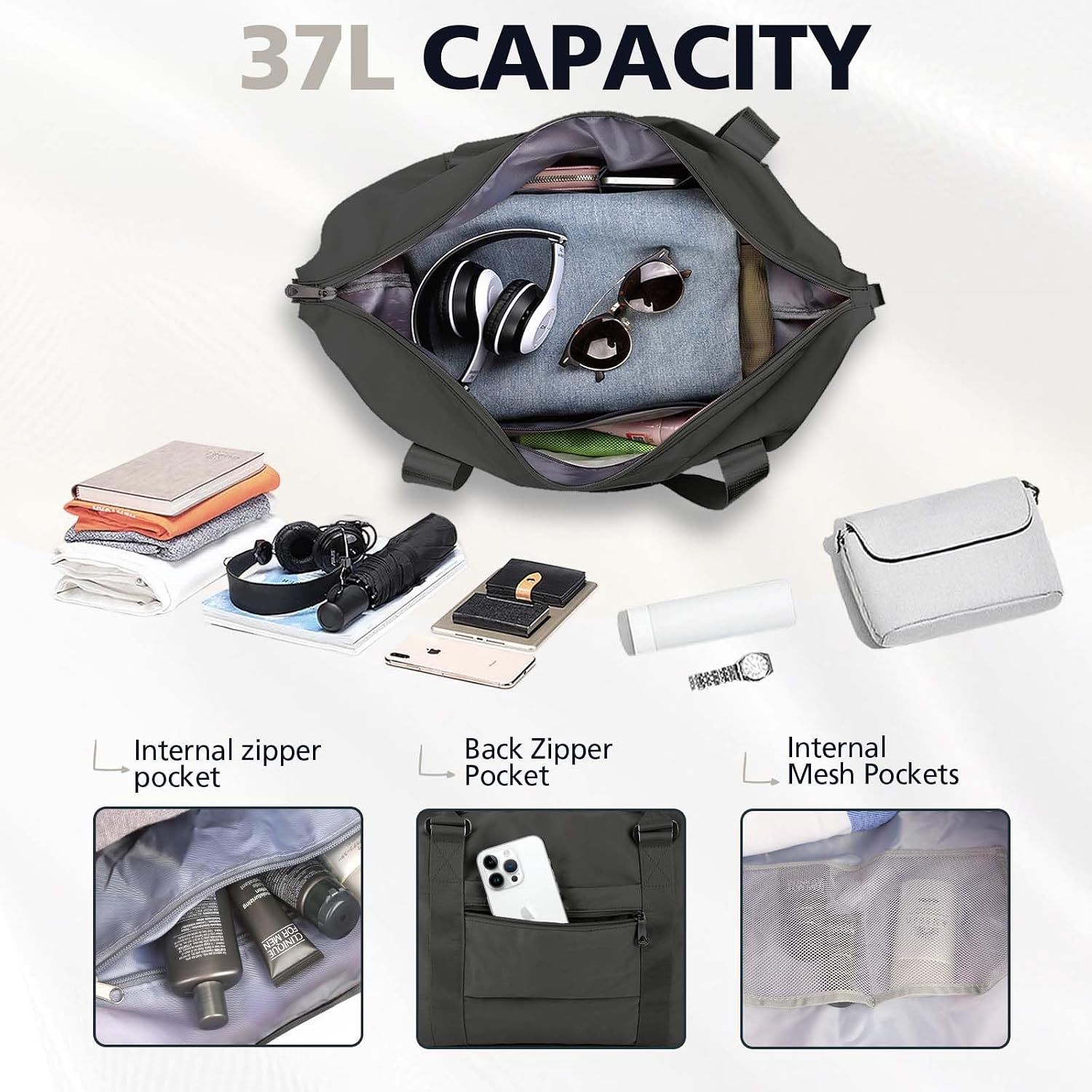 Travel Duffle Bag with Trolley Sleeve, Weekender Overnight and Gym Bag for Carry On Travel, Hospital Stays and Short Trips, Black — image 3