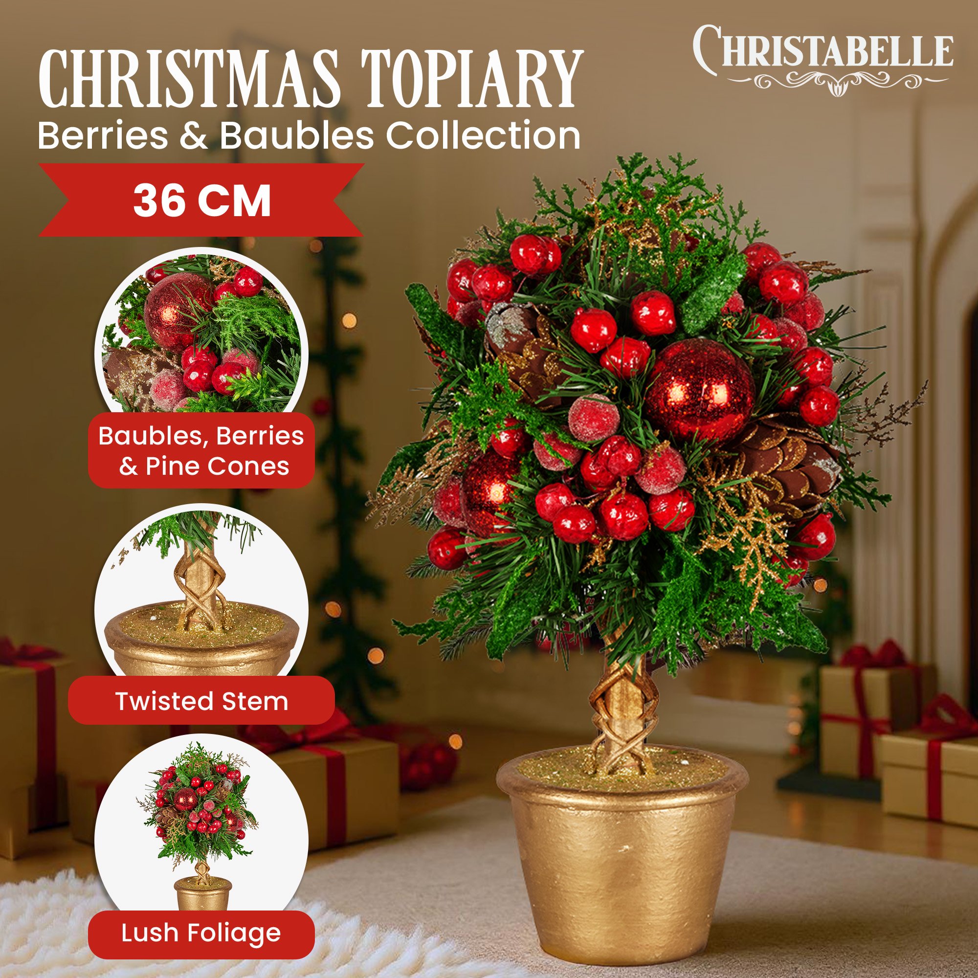 Christabelle 36cm Christmas Tabletop Topiary Tree Pre-Decorated Berries, Baubles & Pine Cones Gold Pot Twisted Stem Festive Decoration — image 2