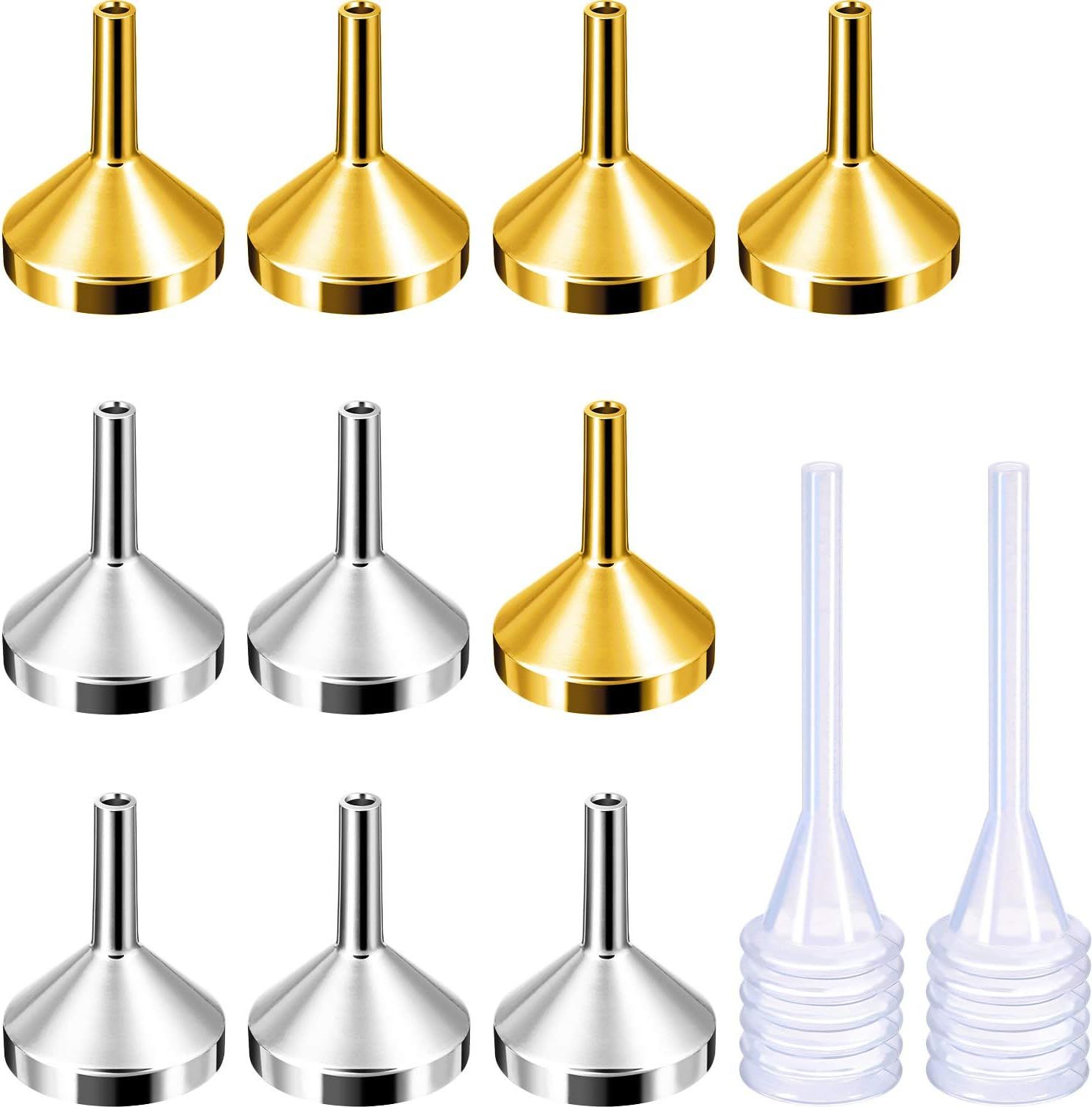 10 Pack Small Metal Funnels with 2 Pack Mini Pipette for Filling Small Mini Bottles or Containers, Atomizers, Perfume, Liquid (Silver and Gold)