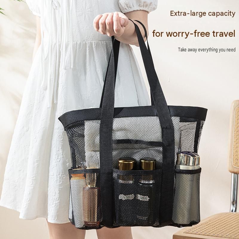 Black large size Large Capacity Mesh Beach Tote Bag - Breathable PET with Multi-Pocket Storage, Quick-Dry Design for Travel, Gym, and Poolside Use — image 5