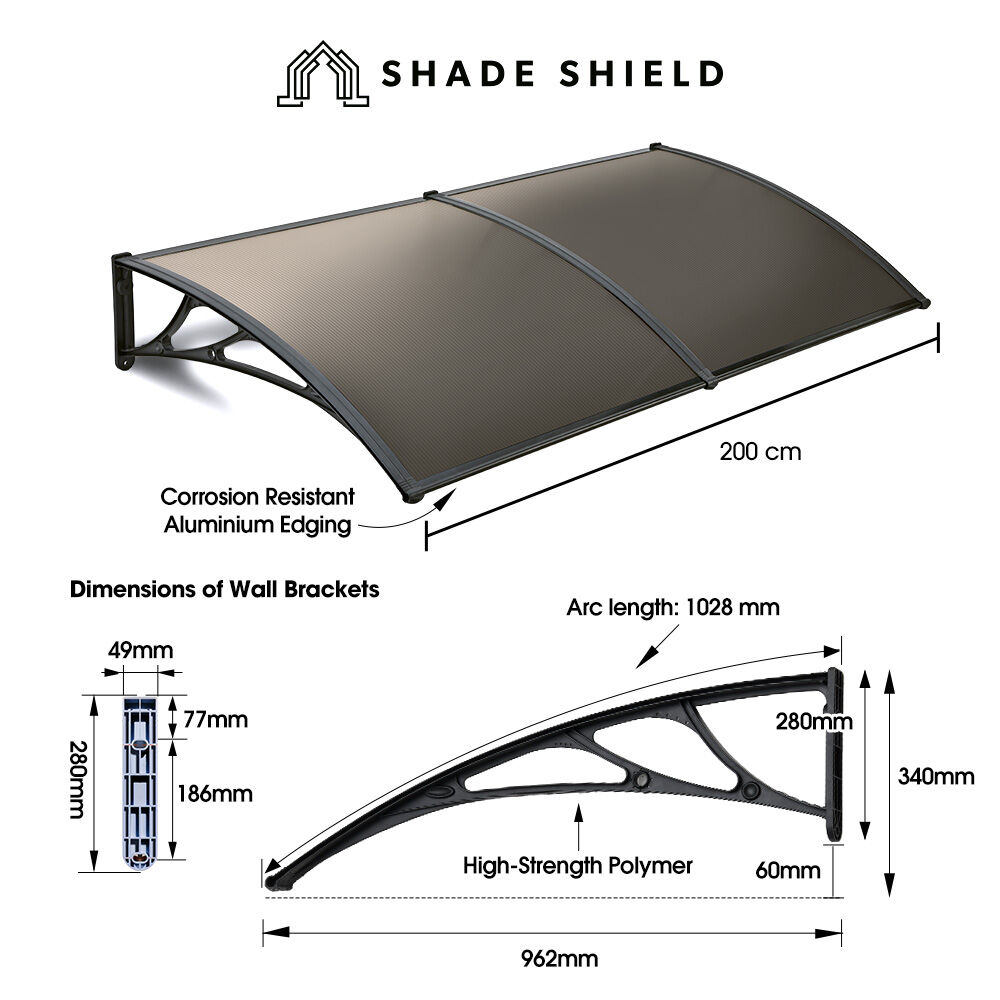 SHADE SHIELD 2 × 1m Aluminium Exterior Awning, Black DIY External UV Rain Protection Grey Tinted Polycarbonate Canopy Cover — image 2