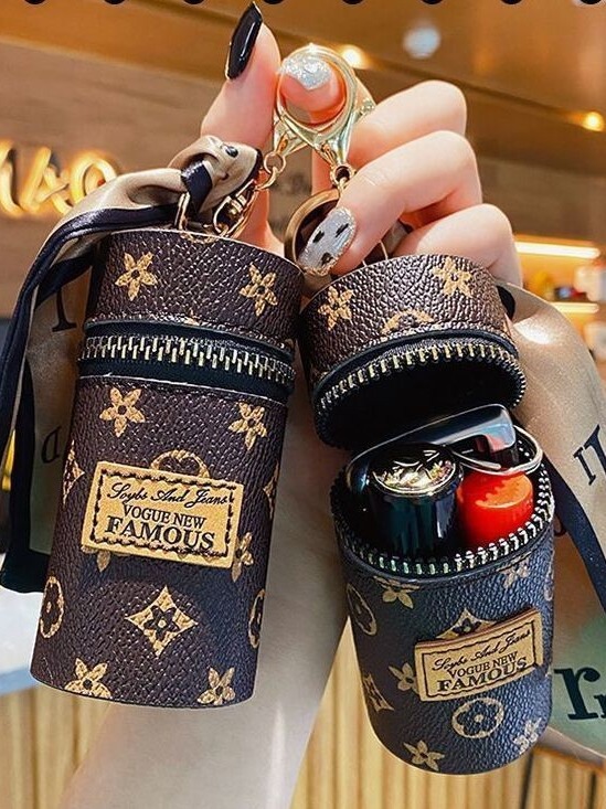 Purple Mini Cylinder Lipstick Case Keychain with Silk Scarf Charm PU Leather Coin Purse Bag Pendant for Earphones Keys Vintage Floral Pattern โ image 3