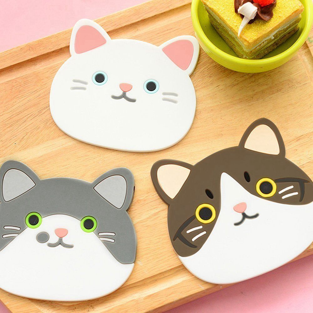 A set of 6 cute cat cup coasters with silicone rubber surface insulation, flexible and durable anti slip heat pads for beverages โ image 2