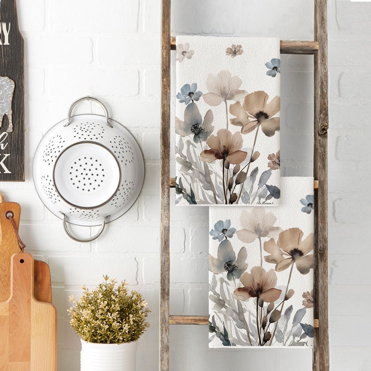 Brown Poppy Floral Leaves Spring Kitchen Towels Dish Towels, 18 × 26 Inch Seasonal Summer Decoration Hand Towels Set of 2 — image 3