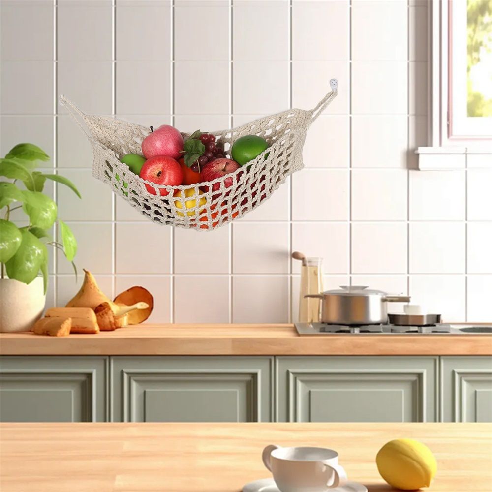 Fruit Hammock for Kitchen Under Cabinet Fruit Basket Hanging Handwoven Cotton Macrame Basket Boho Decor Storage Save Counter Space for Home Camper RV — image 4