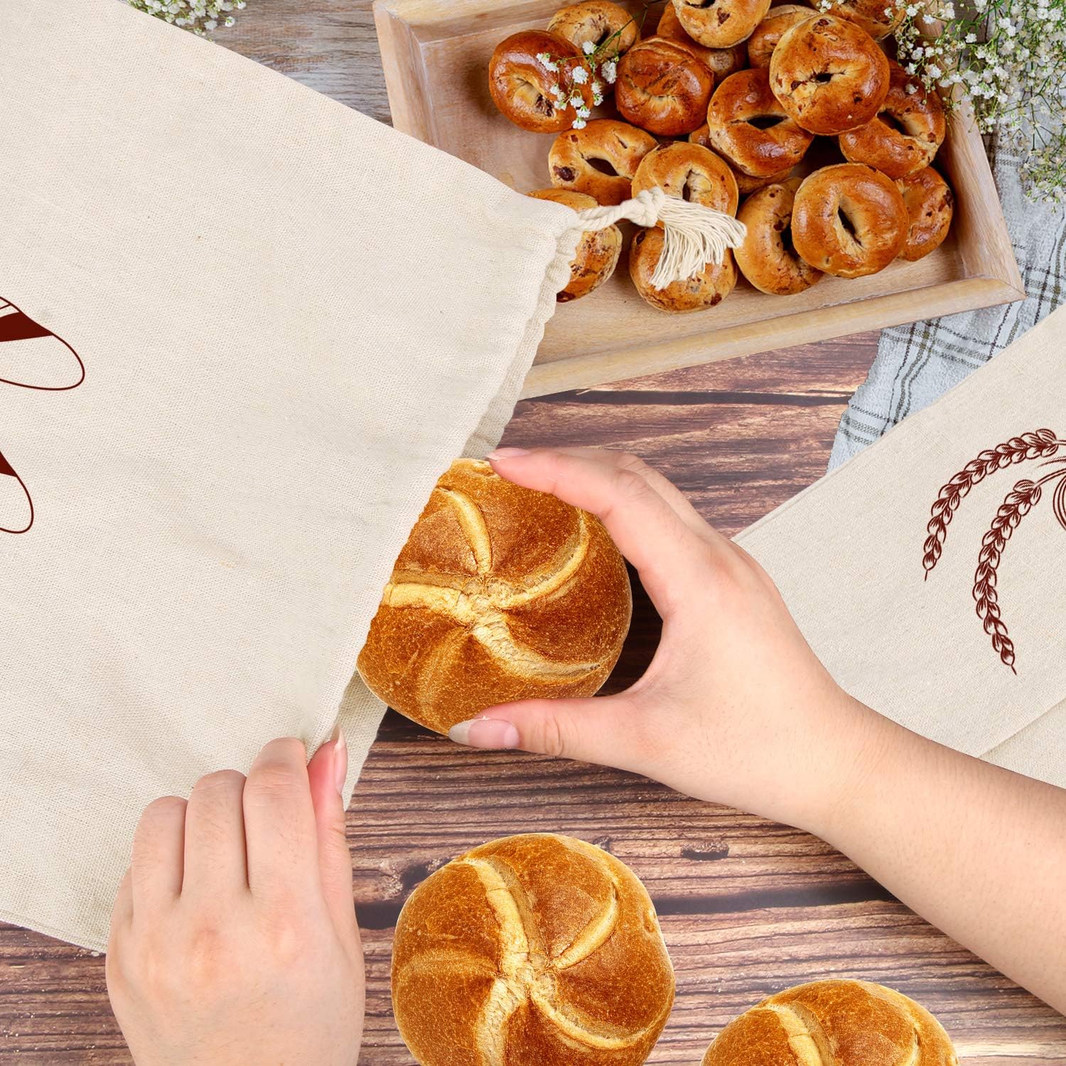 Bread Bag | Pack of 4 - Reusable Bread Bags - Drawstring Bread Bags - Storage Bags - Washable Fabric Bread Bags - Breathable Cotton - For Homemade Bread — image 3