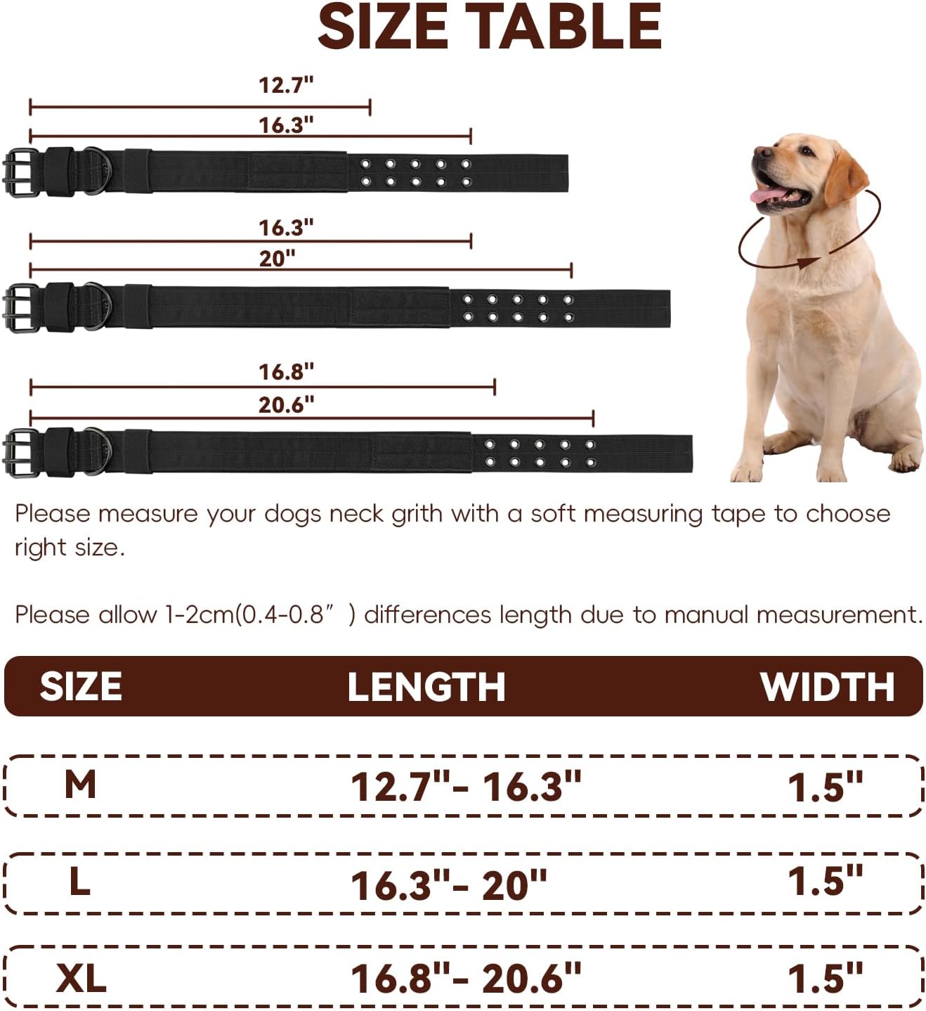 Heavy Duty Dog Collar for Large Dogs, Tactical Dog Collars with Metal Buckle & D Ring, 1.5" Width Thick Adjustable Nyl Collar for Medium Dogs, Black/L — image 2
