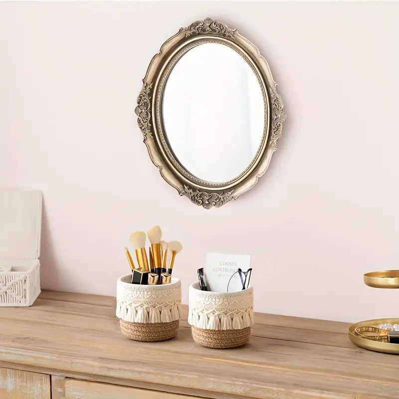 Khaki Boho Cotton Rope Tassel Storage Baskets – Set of 2 Round Woven Organizers for Makeup Brushes & Desktop Essentials (12cm Diameter) — image 4