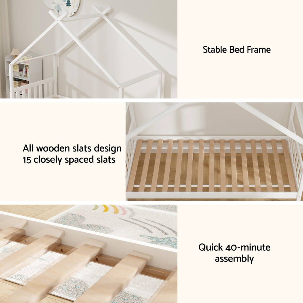 Artiss Bed Frame Wooden Base Kids Single Timber House with 2 Storage Drawers Beds White — image 4