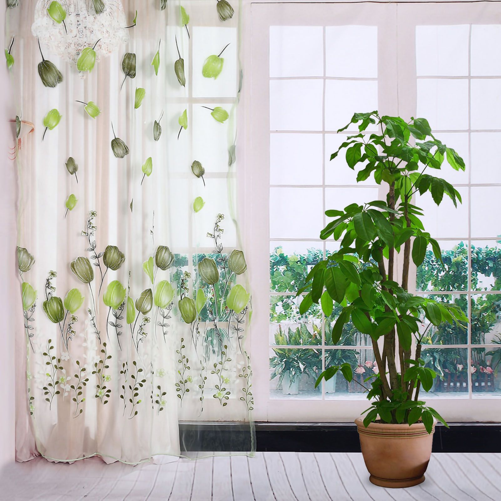100*200cm Tulips Printing Tulle Curtains Sheer Drape Balcony Window Decoration Green — image 4