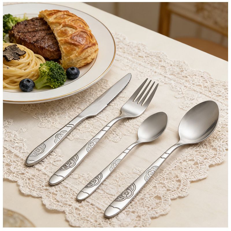Stainless Steel Portable Cutlery Set, 5‑Pcs Steak Knife Fork Spoon Teaspoon with Storage Pouch, Floral Embossed Outdoor Travel Camping Reusable Flatware Set — image 6