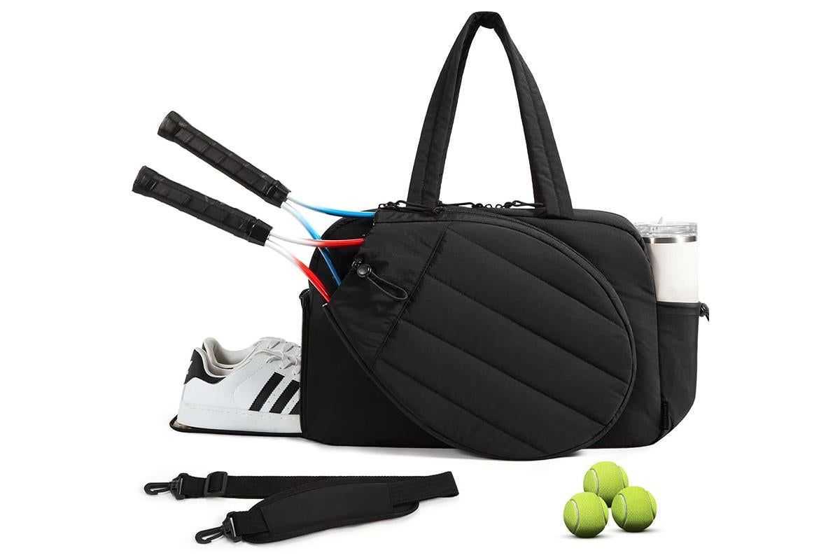 Womens Tennis Gym Bag Sports Tote Fits Two Rackets with Shoe Compartment - Black