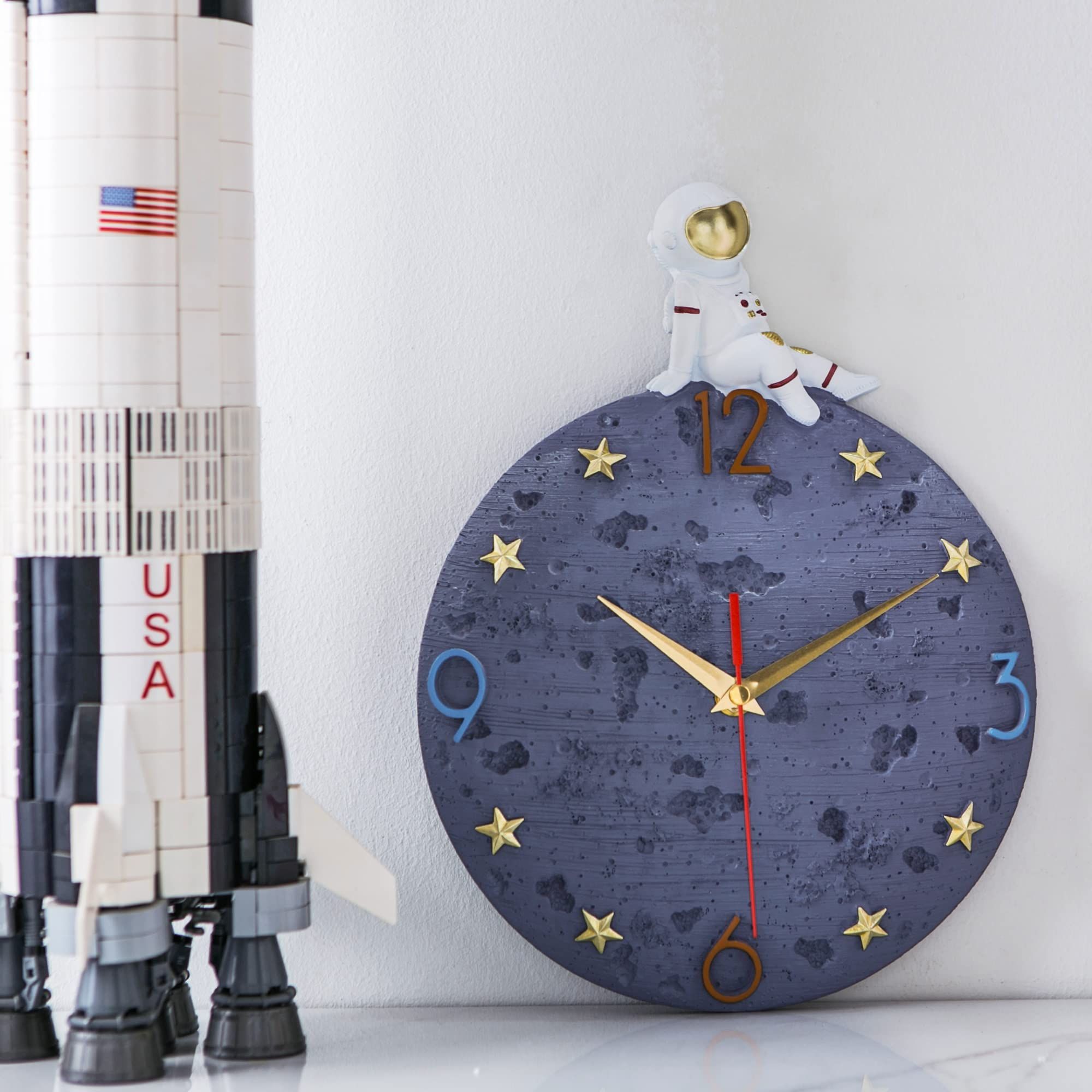 Space Theme Wall Clock, Astronaut Moon Wall Clock, 12 Inch Grey Modern Silent Clock for Kids Room Nursery Living Room Bedroom — image 2
