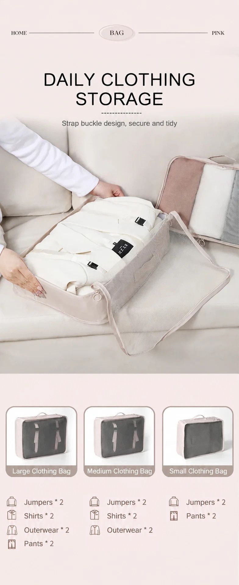 Travel Clothes Storage Organizer Set With Hanging Toiletry Bag & Cosmetic Pouch, 9 Pcs Travel Packing Pouches, Pink, Complete Long Trip Gift ā image 3