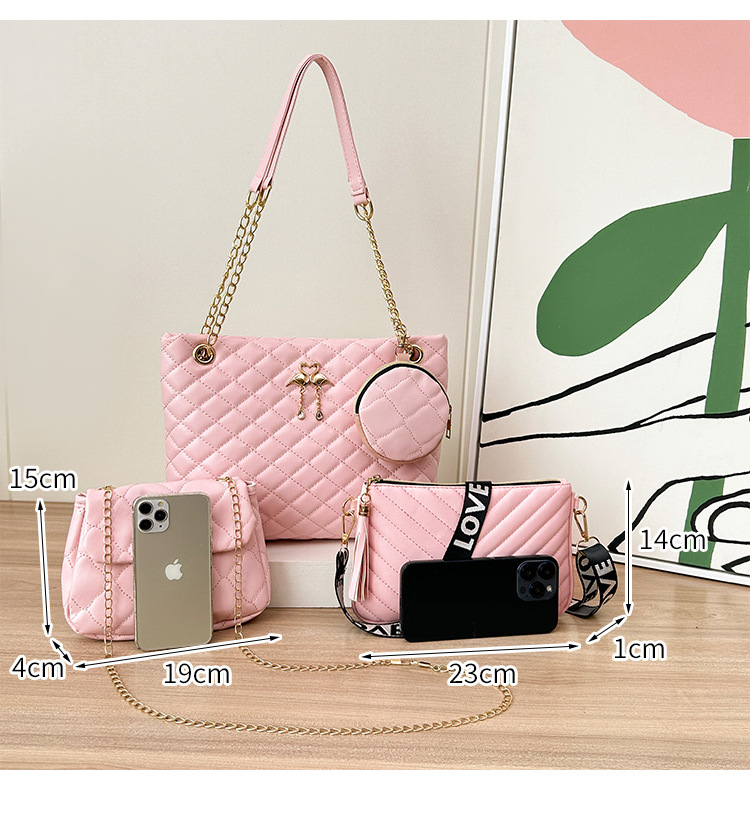 4-Piece PU Leather Rhombus Handbag Set - Large Capacity Shoulder Bag with Secure Zipper & Buckle Closure, Stylish Strap & Charms(Black) — image 2