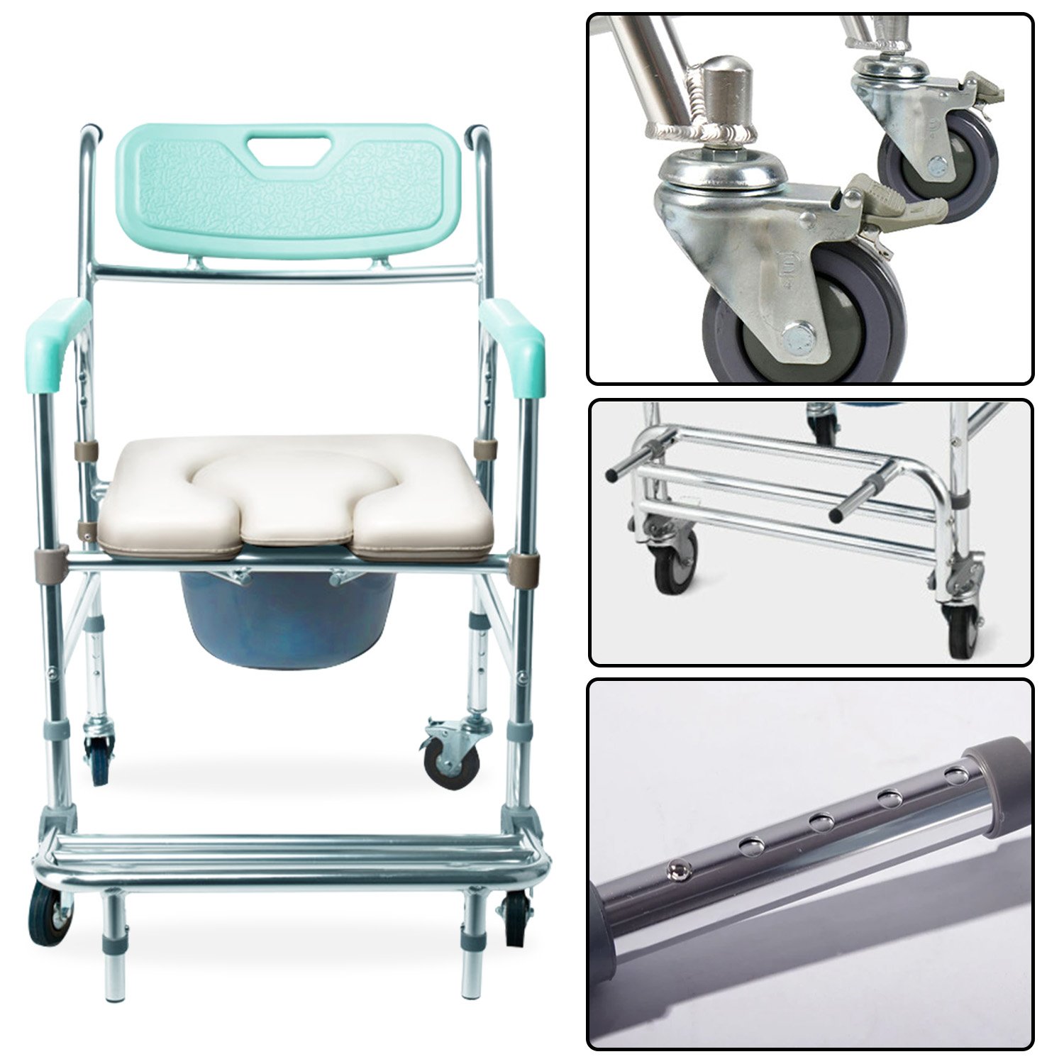 Orthonica Heavy Duty Aluminium Commode Chair with Wheels Castors Footrest & Bucket 136kg Mobile Toilet Chair Aid — image 6