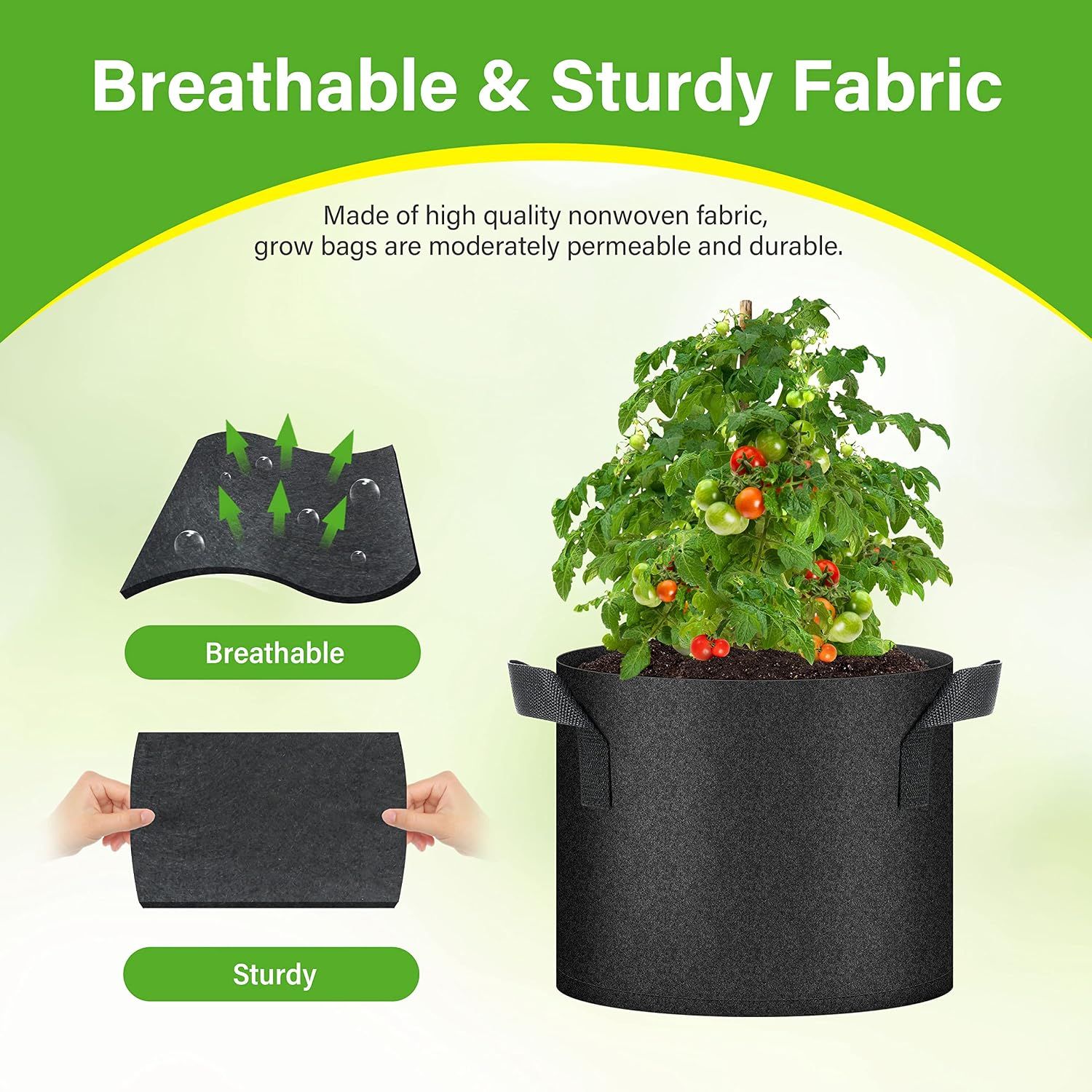 HealSmart 6-Pack 5 Gallon Nonwoven Grow Bags - Aeration Fabric Pots with Handles for Garden Fruits Vegetables Flowers - Black โ image 3