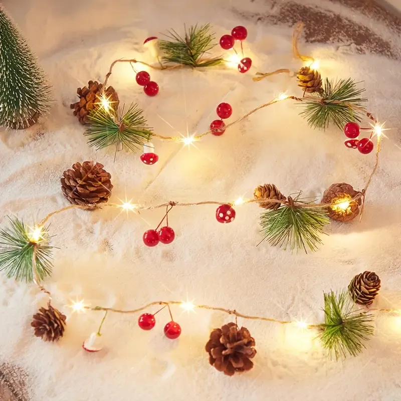 Christmas Forest-Style Decorative String Light | 200cm, 20 Warm White LEDs, Adorned with Pine Needles, Pinecones & Red Berries, Battery-Powered (Batteries Not — image 3