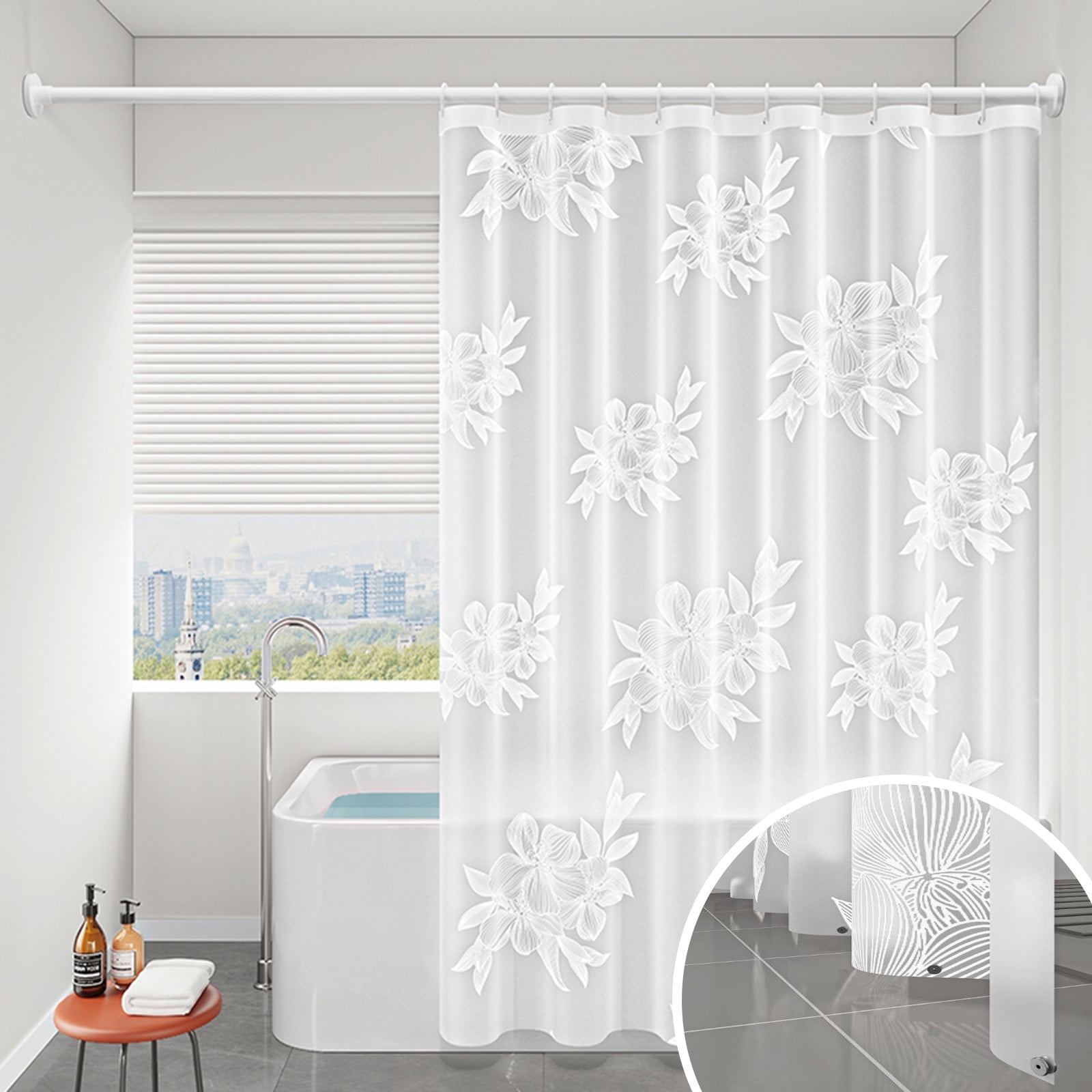 EVA Bathroom Shower Curtain Frosted Floral Waterproof Shower Curtain Line Lightweight Plastic Bathroom Shower Curtain with Weighted Magnets for Shower Stall