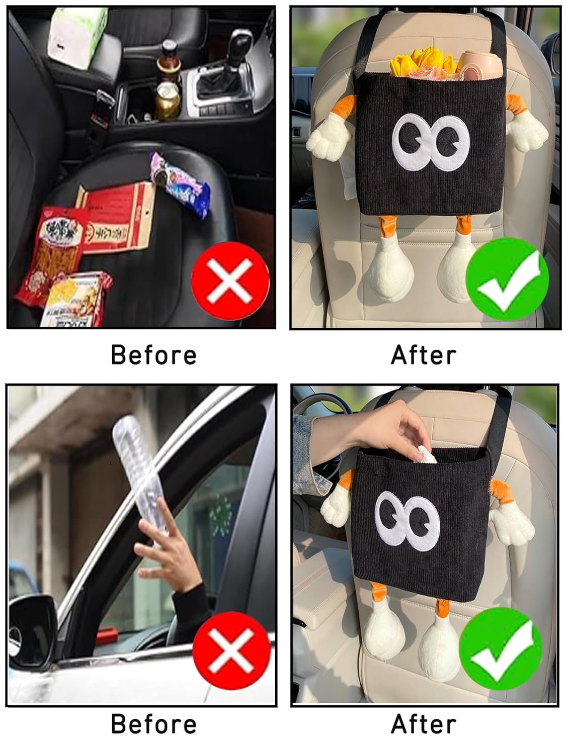 Car Cute 2 in 1 Trash Can with Tissue Holder Box Seat Back Bag Hanging over the Seat Organizer Plush Cartoon Animal Storage Garbage,Black — image 5