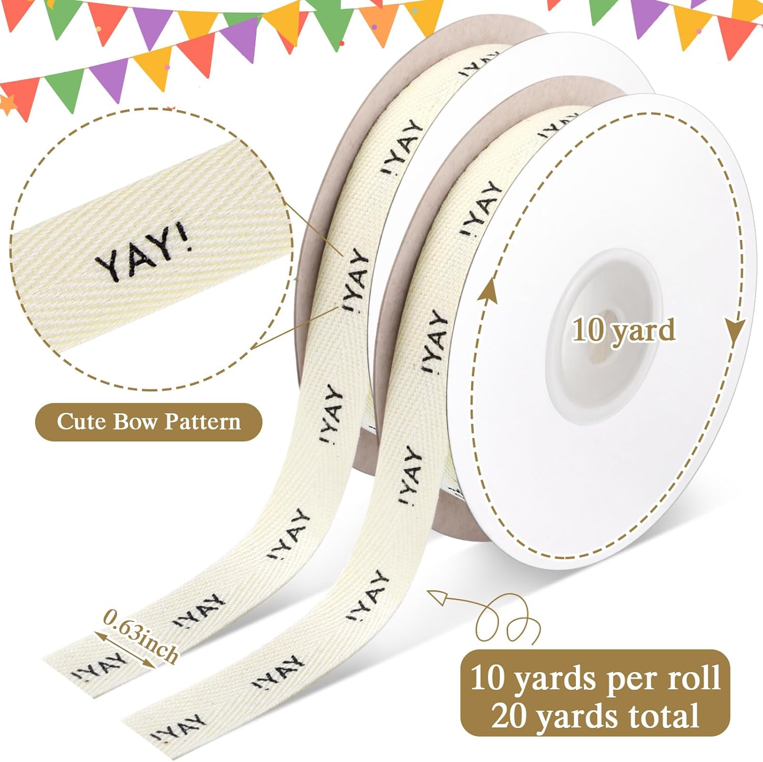 20 Yards Yay Cotton Ribbon, Natural 5/8 Inch 100% Herringbone Twill Ribbon for Crafts Gift Wrapping Birthday Decorations, 2 Rolls โ image 2