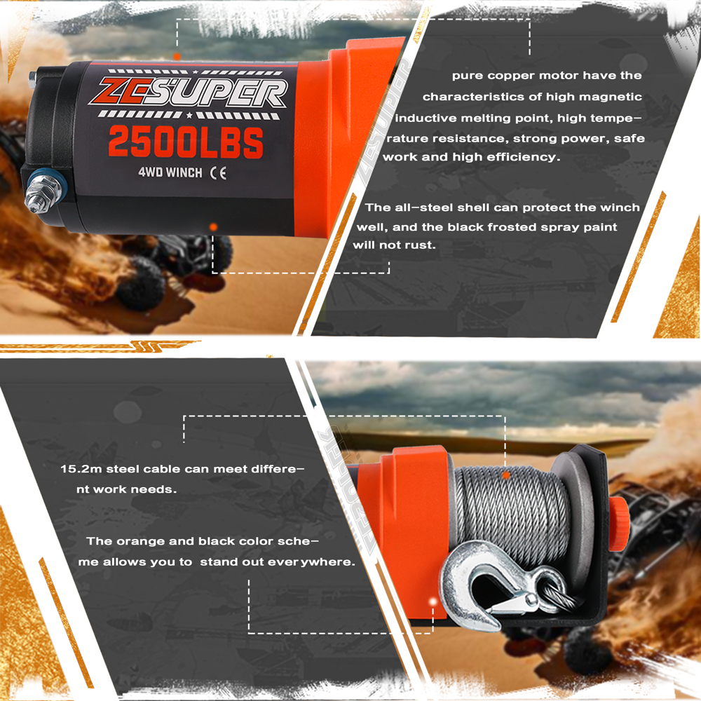 ZESUPER Electric Winch 2500LBS/1134KG 12V 15.2M Steel Cable ATV UTV 4WD 4X4 Boat โ image 4
