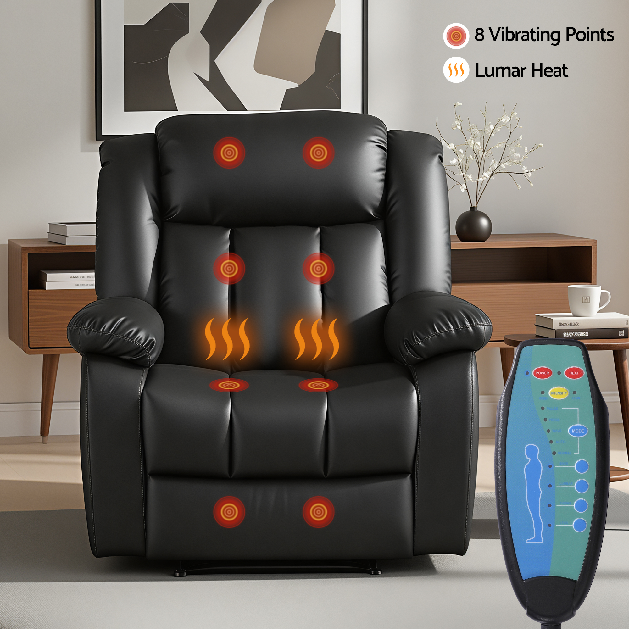 Artiss Manual Massage Recliner Chair for Living Room, Leather Sofa Lounge Reclining Chair with 2 USB Port, 160° Recline Reading Chair with 20CM Wide Armrests — image 4