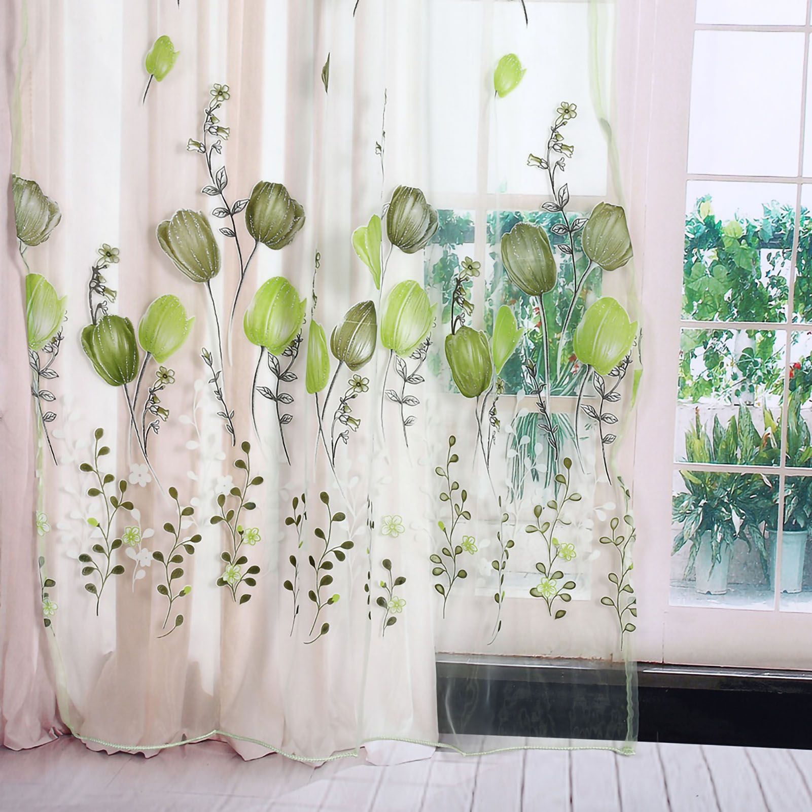 100*200cm Tulips Printing Tulle Curtains Sheer Drape Balcony Window Decoration Green — image 2