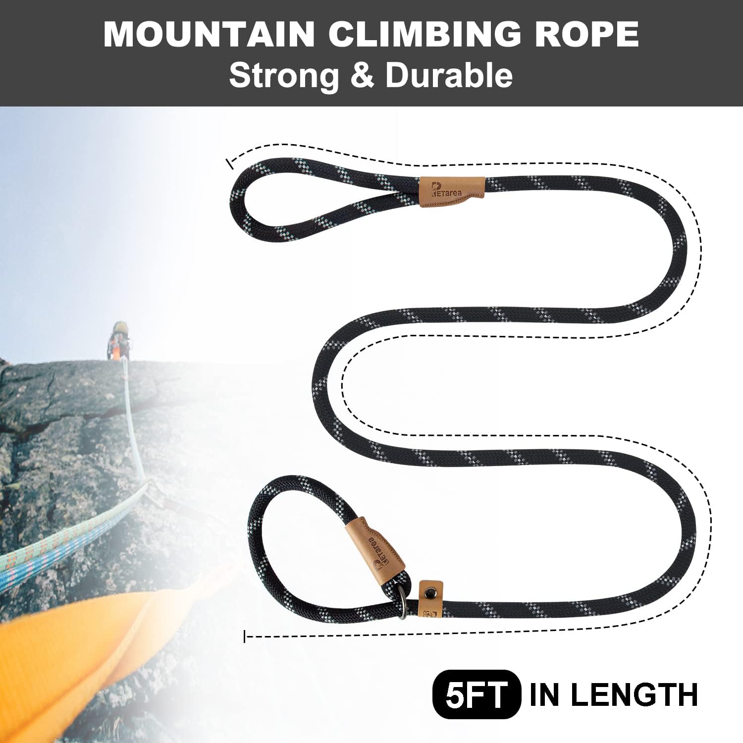5 FT Slip Lead Dog Leash, Heavy Duty Rope Leash for Small Medium Large Dogs, No Pull Training Lead with Reflective Thread, Strong Comfortable Loop Leash (Black — image 3